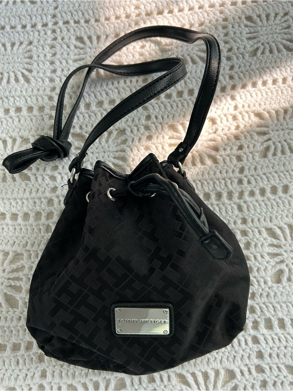 Tommy Hilfiger Black Monogram Drawstring Shoulder Bag